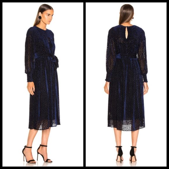 💕THE GREAT💕 The Merry Dress ~ Navy Blue Velvet Burnout Polka Dot Midi M NWT - Picture 2 of 16